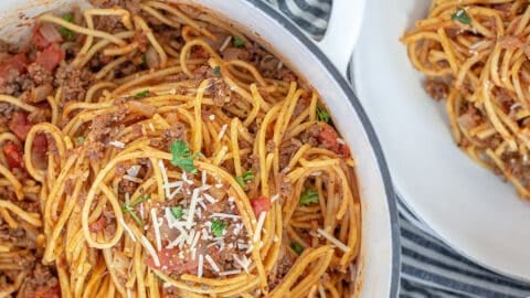 homemade spaghetti recipe in white pot.