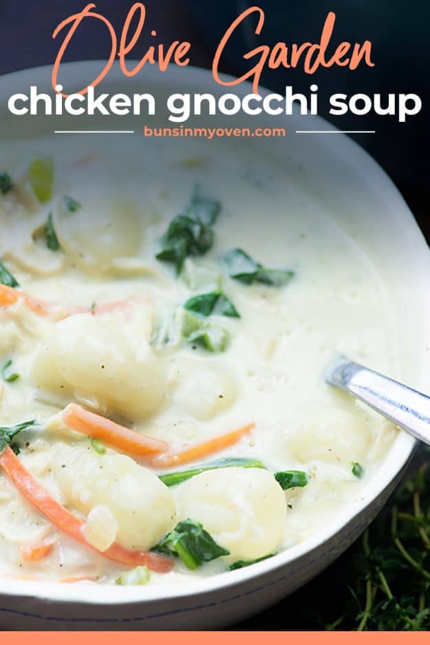 Olive Garden chicken gnocchi soup in white bowl.