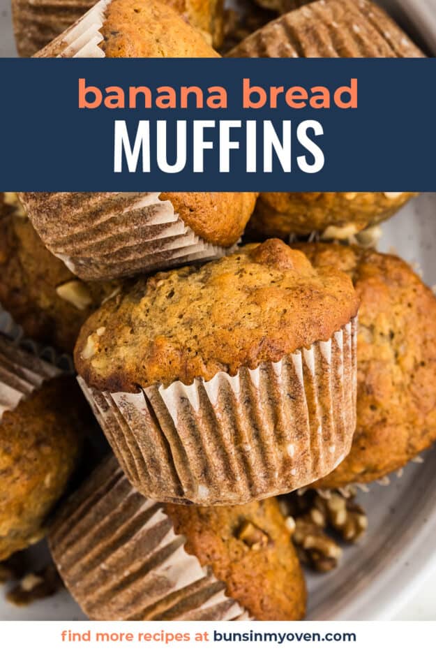 Banana muffins piled together with text for pinterest.