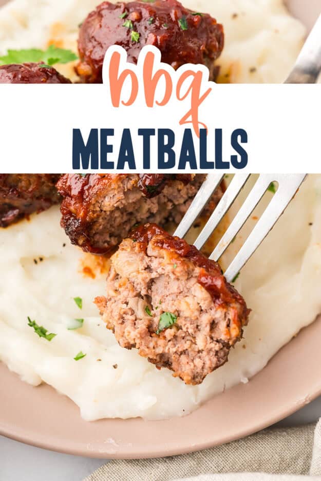 Split meatball on fork with mashed potatoes.