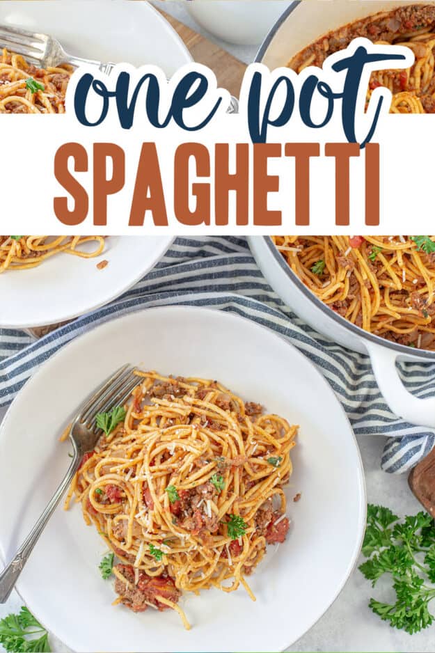 overhead view of spaghetti recipe in bowls.