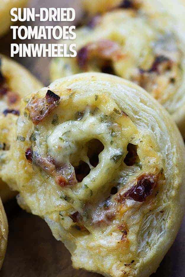 I love trying new pinwheels recipes and this one is full of sun-dried tomatoes and melty Havarti cheese!