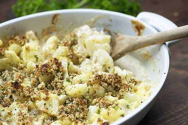 cauliflower mac and cheese recipe in white baking dish
