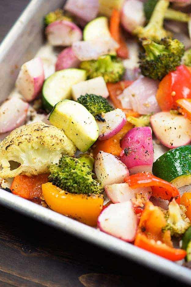 Roasted broccoli and cauliflower with radish, bell peppers, and zucchini!