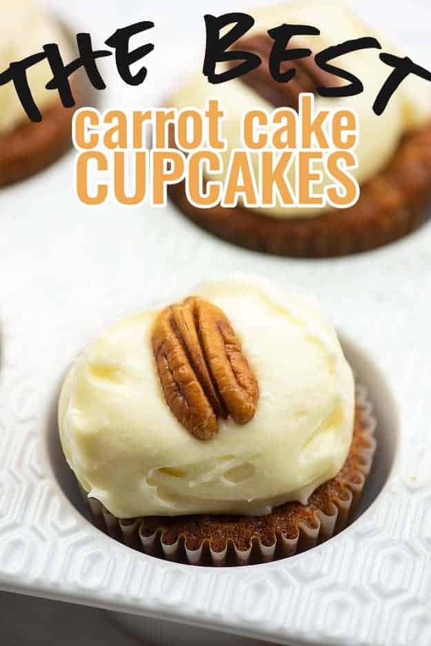 carrot cake with cream cheese frosting and pecan in white muffin tin