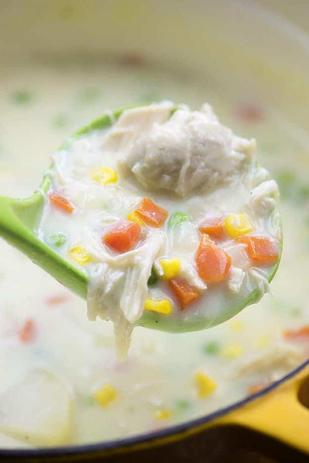 easy chicken pot pie soup in yellow pot