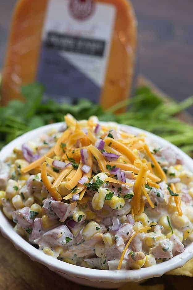 easy corn dip in white bowl