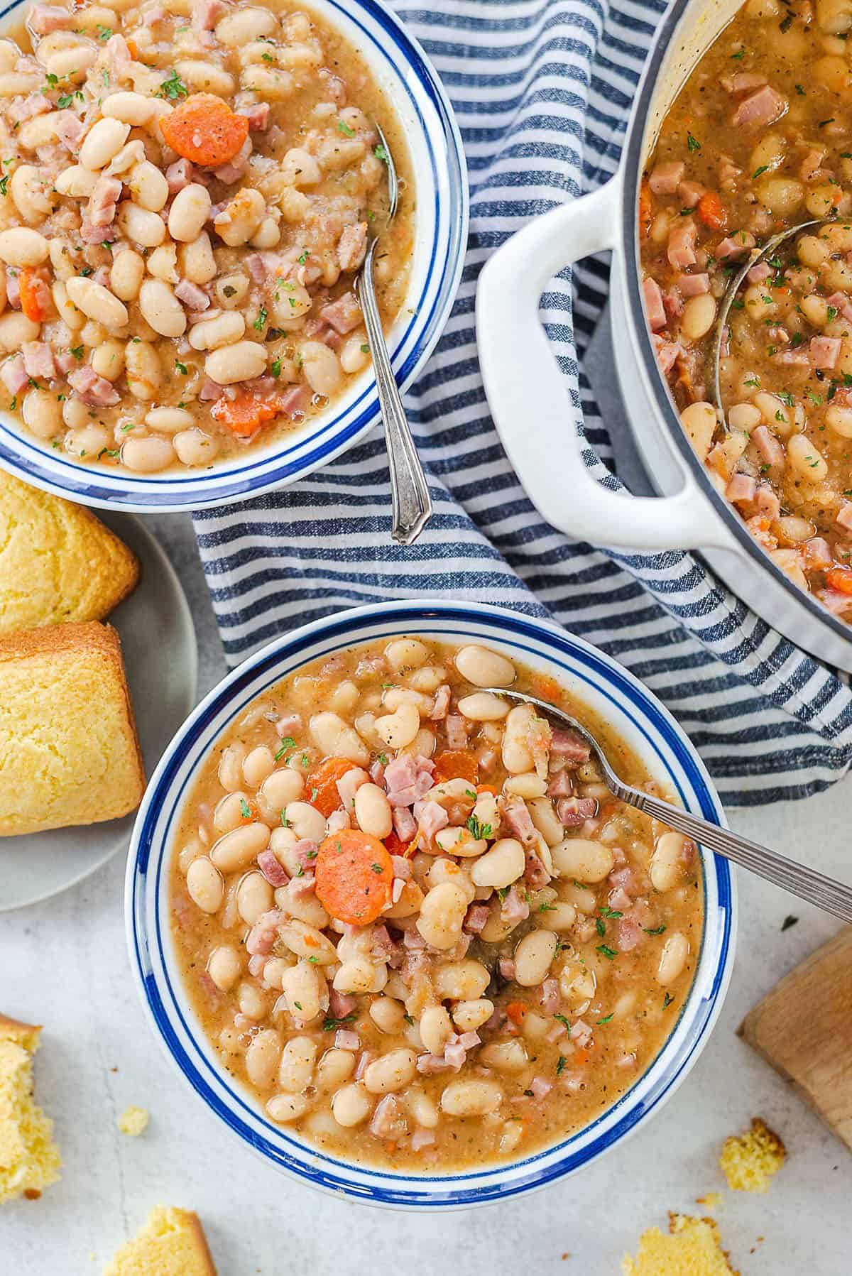 easy white bean and ham soup in bowls.