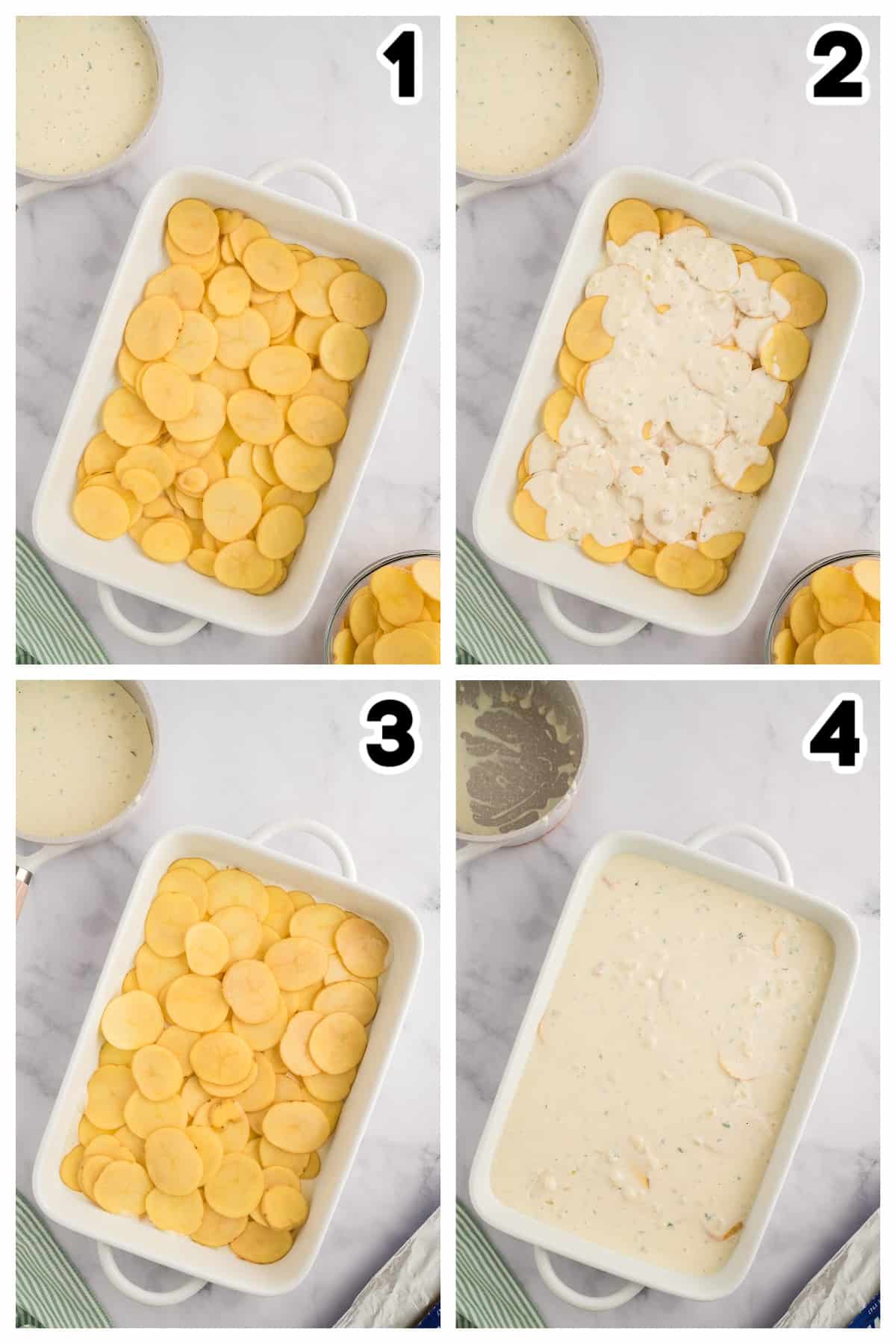 Collage showing how to make scalloped potatoes.