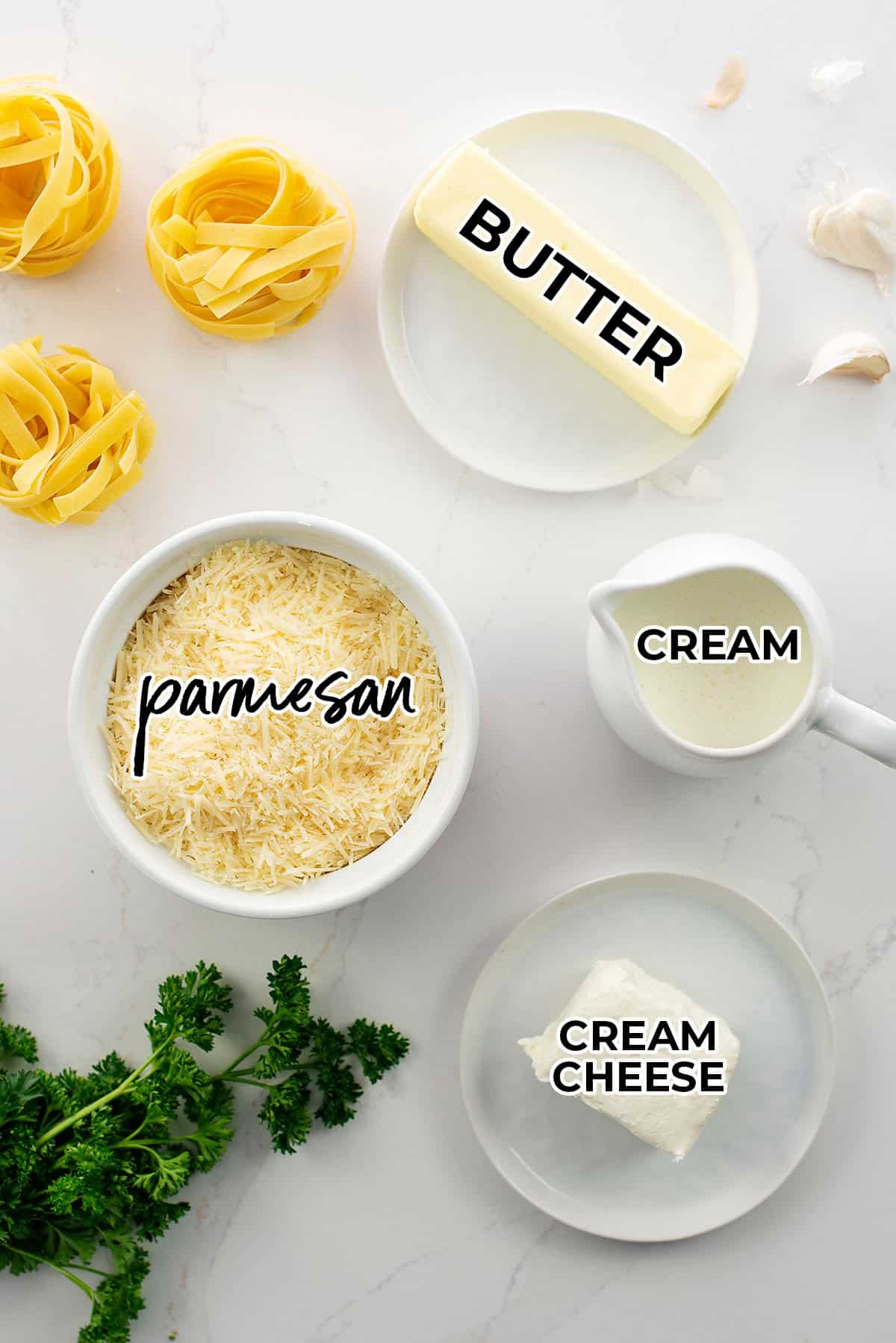 ingredients for easy Alfredo sauce recipe. 