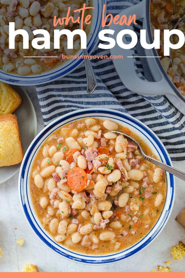 ham and white bean soup in white bowl.