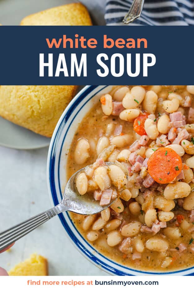 ham and bean soup in bowl with spoon.