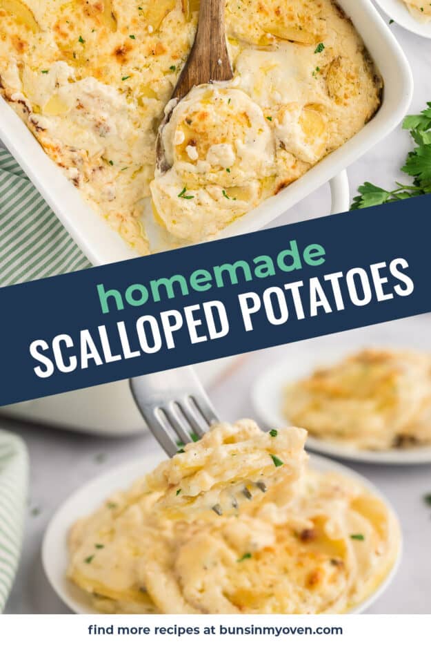 Collage of cheesy scalloped potatoes images.