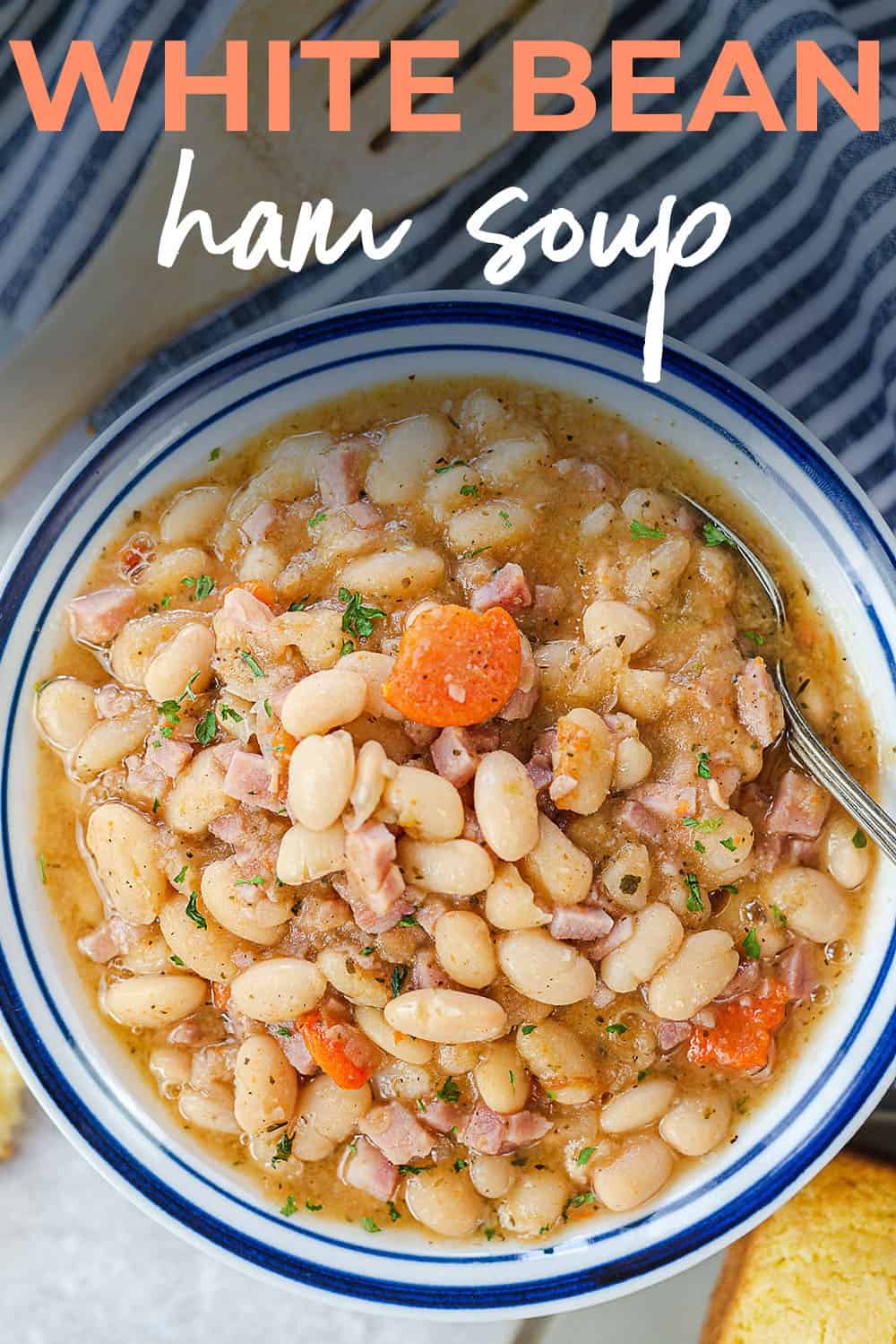 white bean and ham soup in bowl.