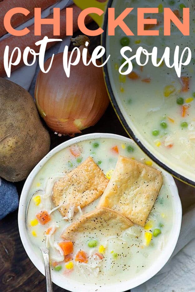 chicken pot pie soup in white bowl.