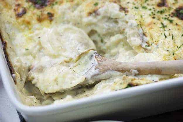 potatoes au gratin recipe in white dish