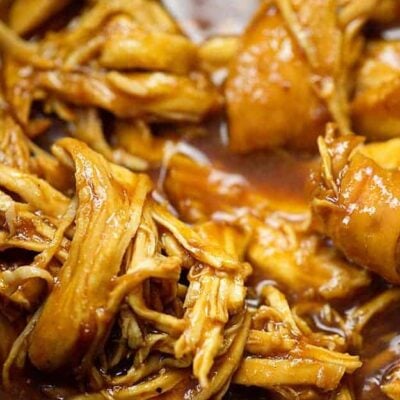 close up of BBQ pulled chicken in slow cooker