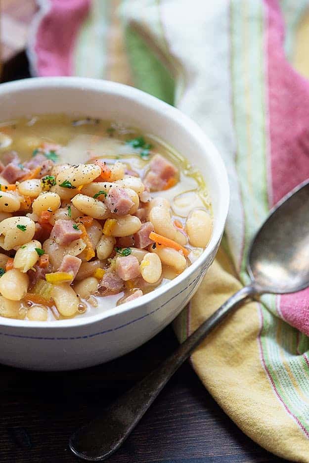 white bean and ham soup in bowl