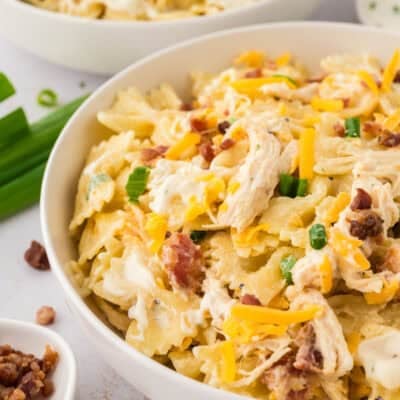 White bowl filled with chicken bacon ranch pasta salad.