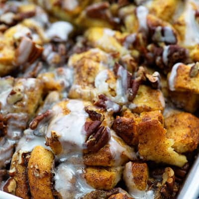 overnight french toast casserole in white baking dish