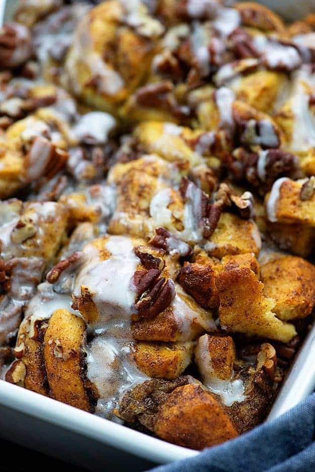 overnight french toast casserole in white baking dish