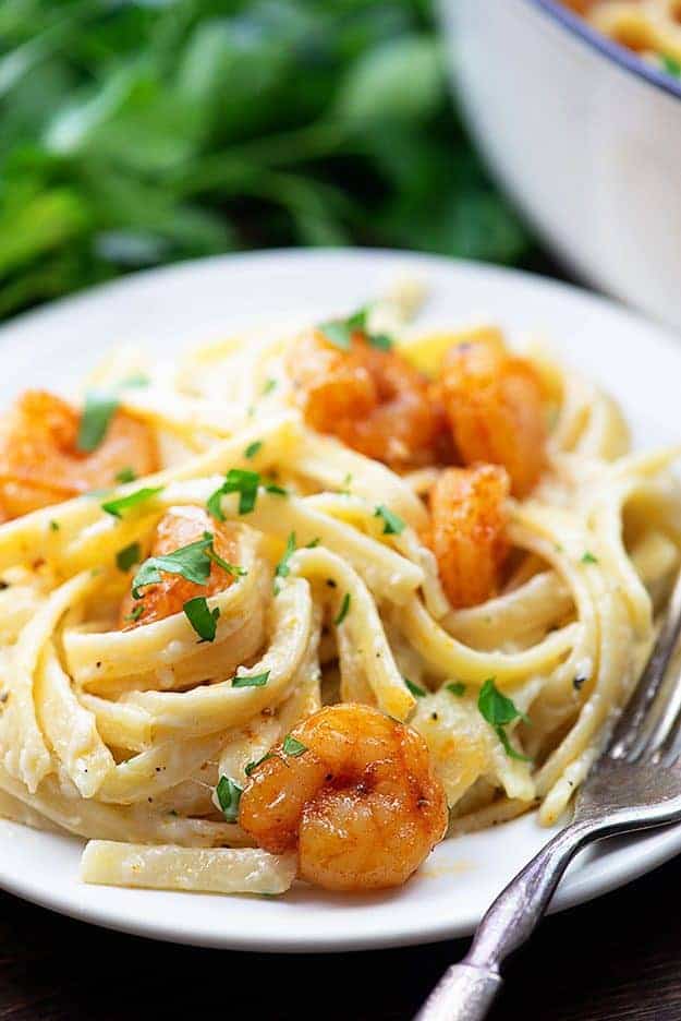 shrimp alfredo recipe on white plate