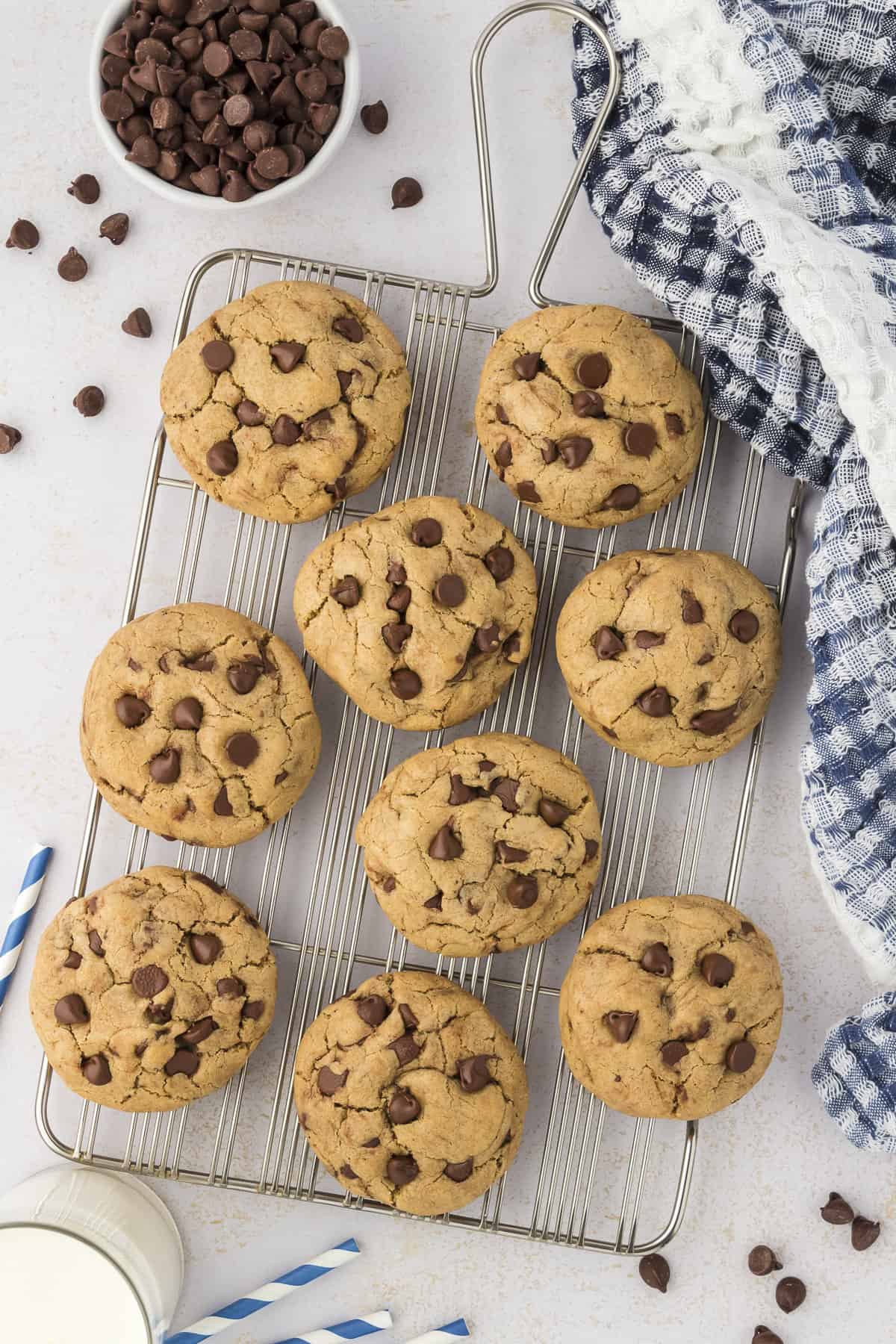 Perfect chocolate chip cookies cooling on rack.