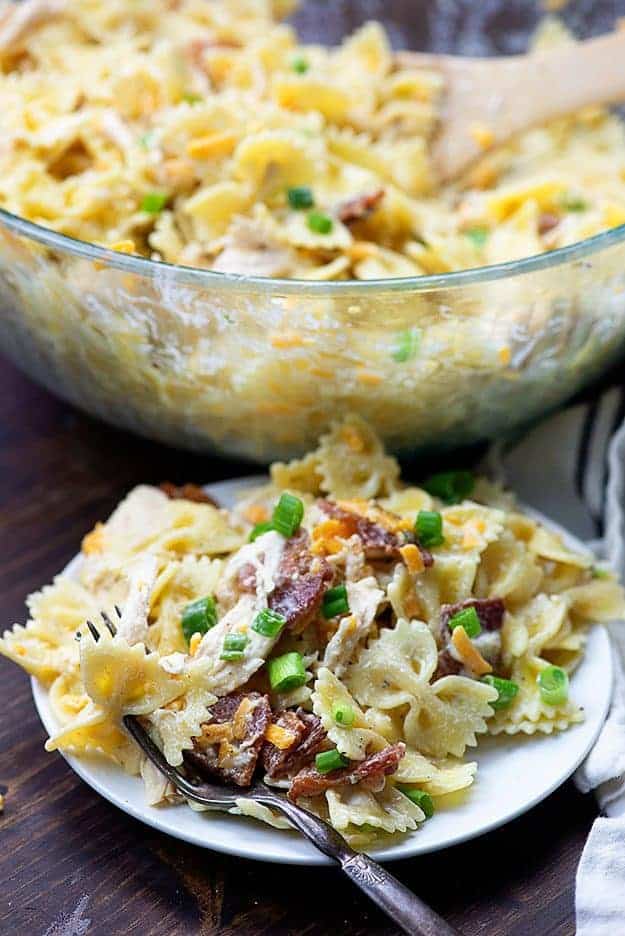 chicken pasta salad on white plate