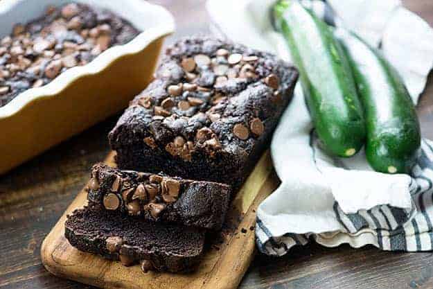 baked chocolate zucchini bread on wooden board
