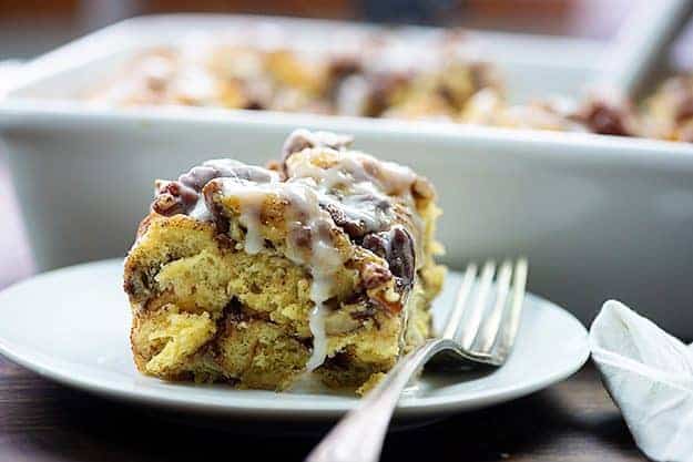 cinnamon roll casserole on white plate