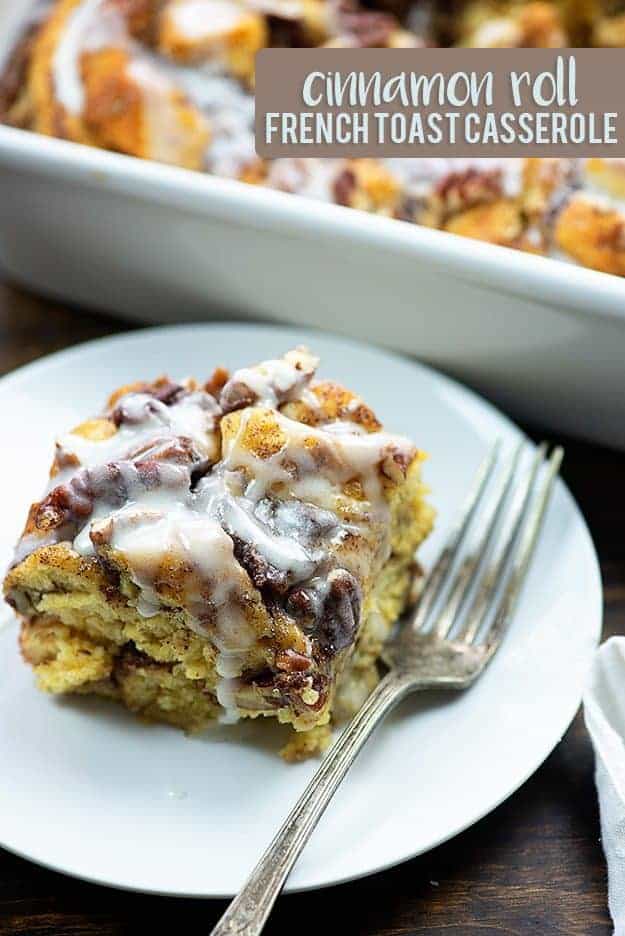 This cinnamon roll french toast casserole starts with a couple of cans of cinnamon rolls and bakes up into the tastiest french toast casserole ever!! Extra icing on mine, please!