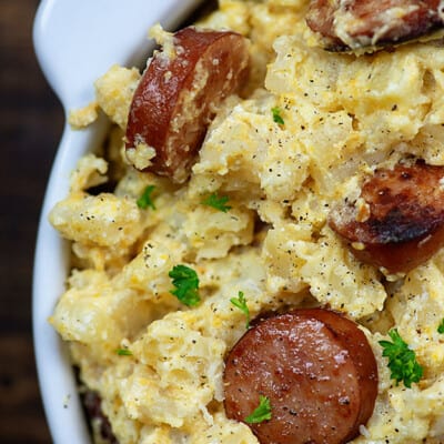 crockpot cheesy potatoes with smoked sausage