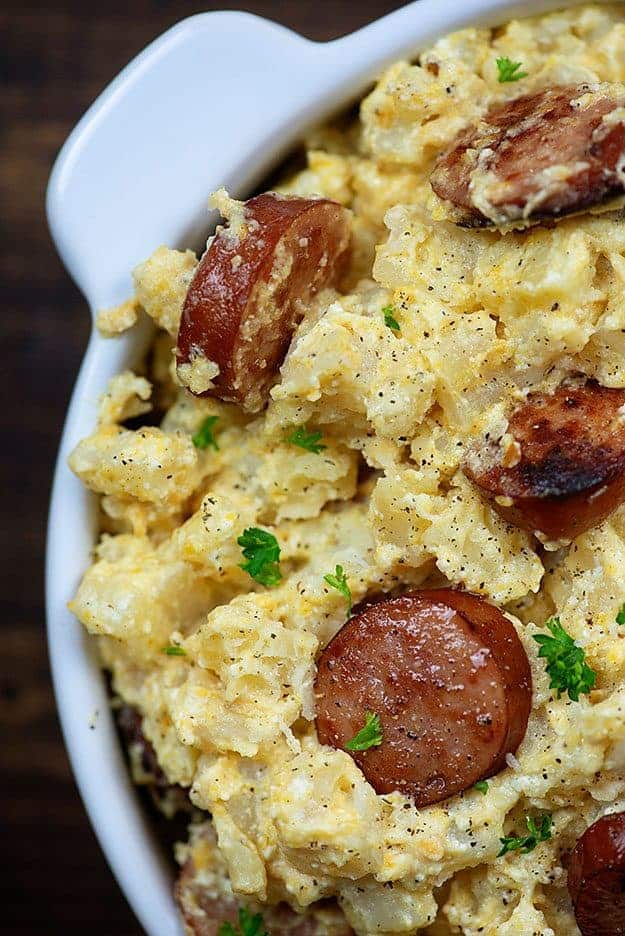 crockpot cheesy potatoes with smoked sausage