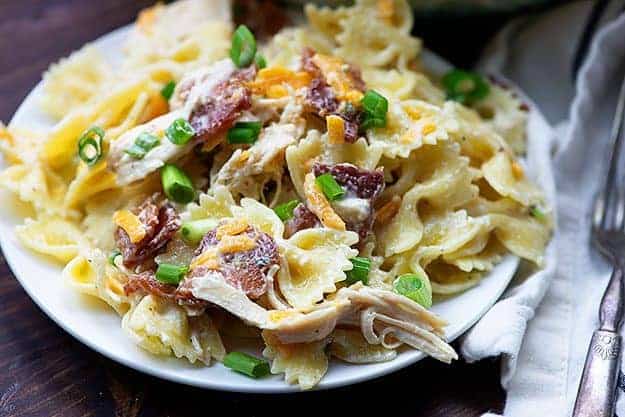 easy pasta salad with chicken and bacon on white plate