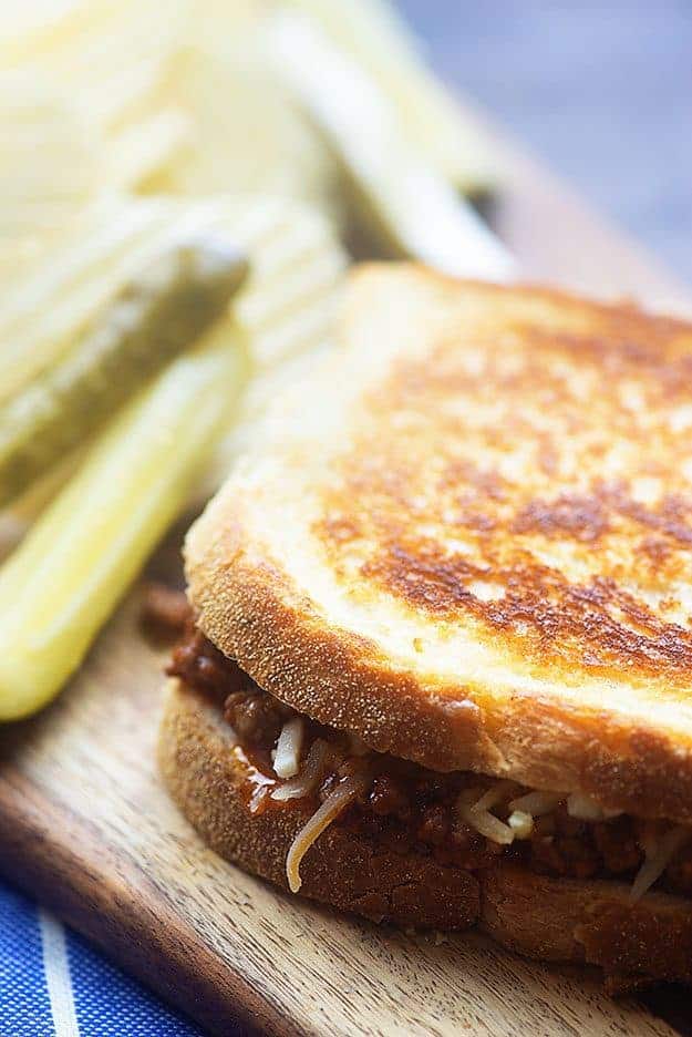 Sloppy Joe Grilled Cheese Sandwiches - homemade sloppy joes stuffed in a melty grilled cheese!