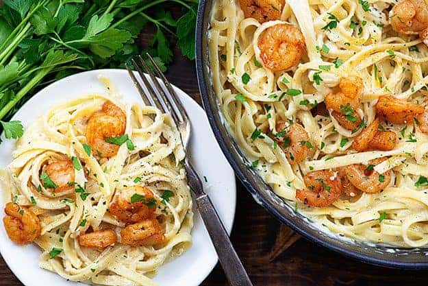 homemade alfredo with shrimp in white dish