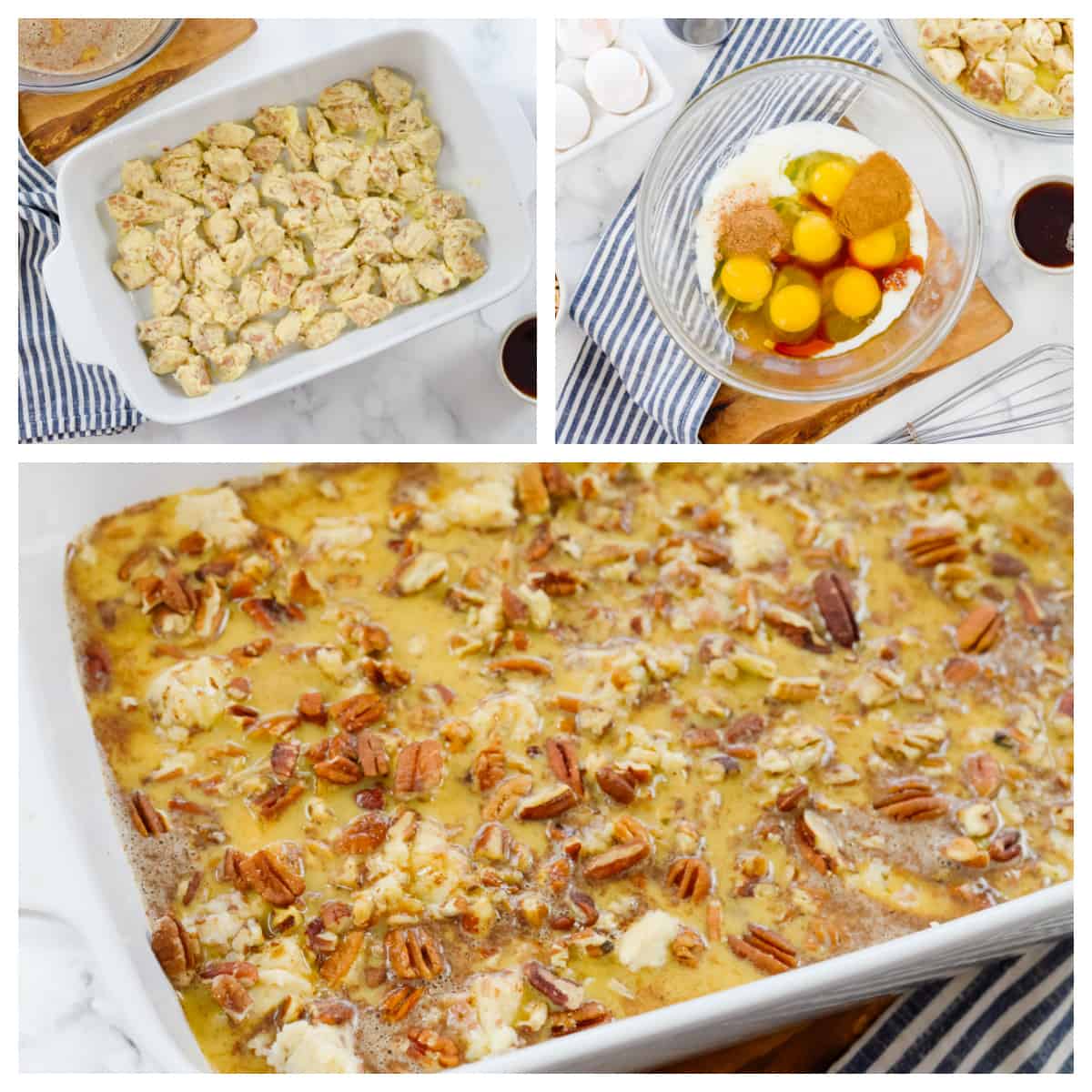 Collage showing how to make cinnamon roll French toast casserole.