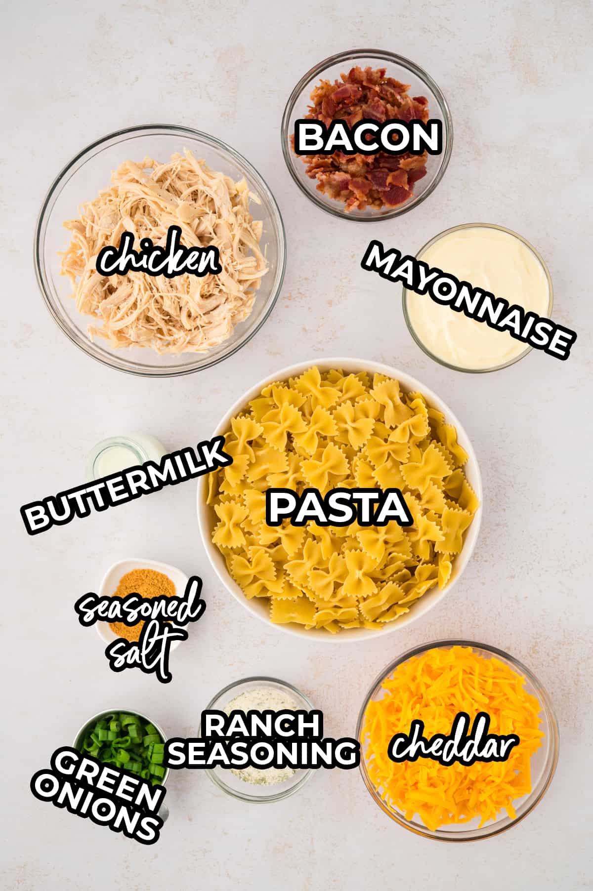 Ingredients for chicken bacon ranch pasta salad.