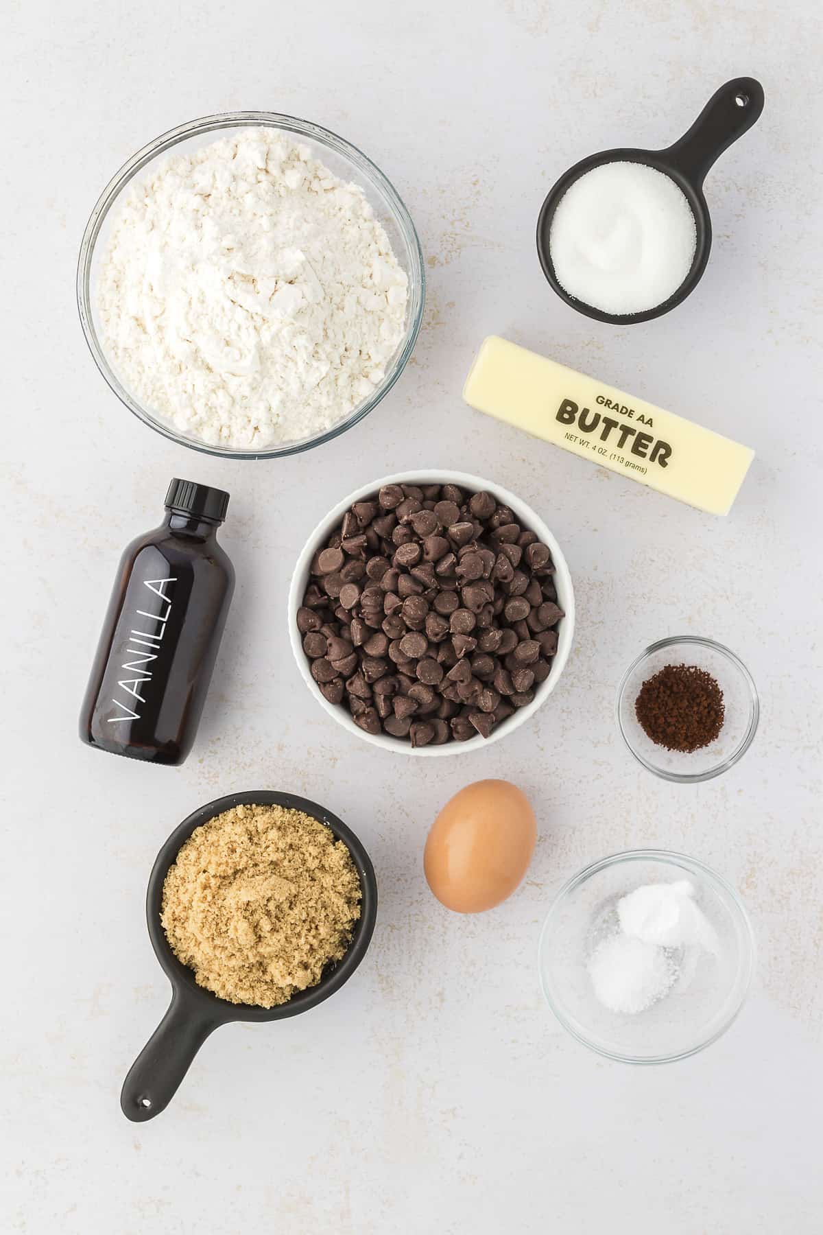 Ingredients for perfect chocolate chip cookies.