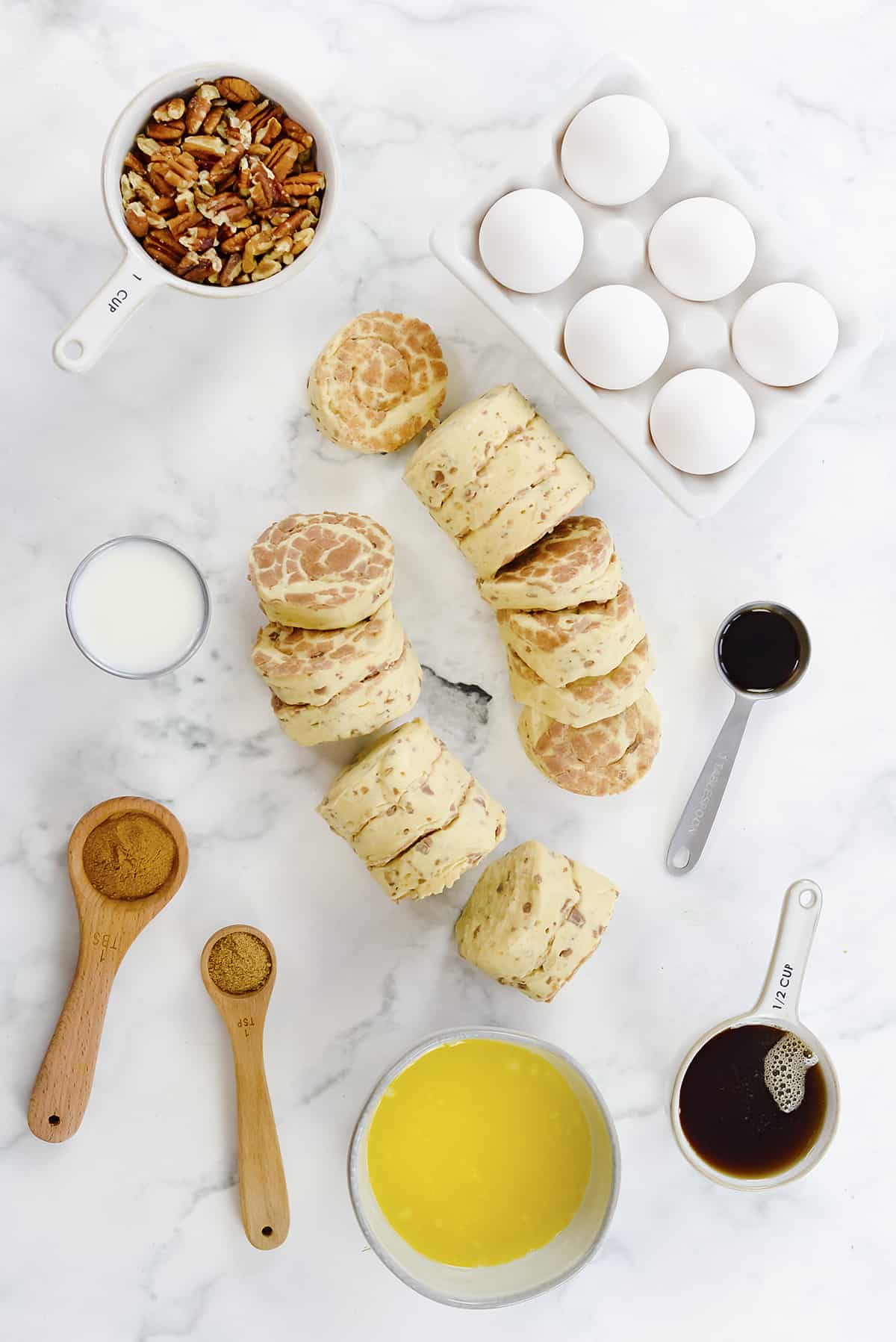 Ingredients for cinnamon roll French toast casserole.