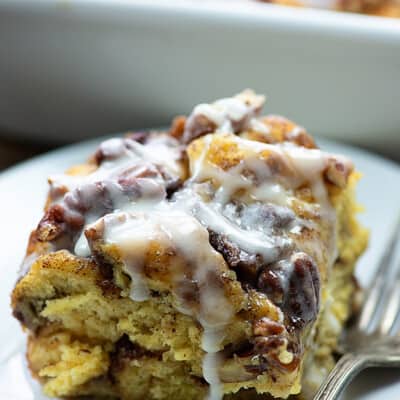 overnight french toast casserole on white plate