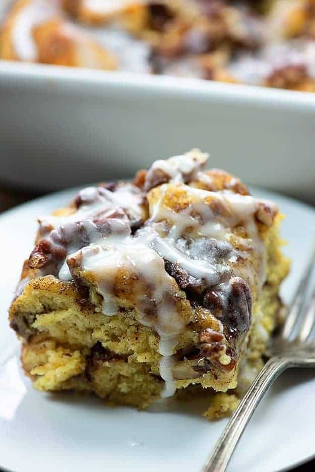 overnight french toast casserole on white plate