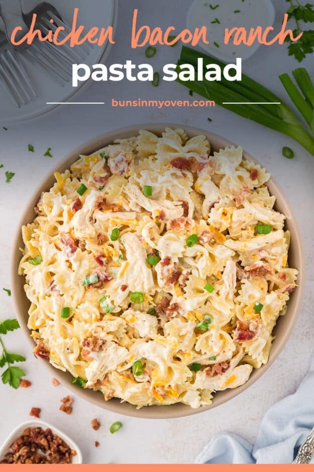 Pasta salad with ranch dressing in white bowl.