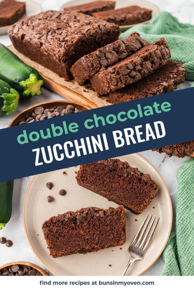 Collage of double chocolate zucchini bread recipe images.