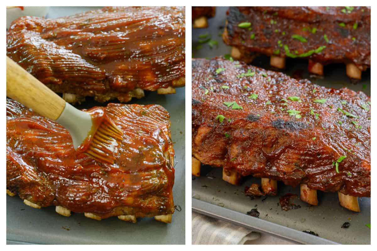 ribs being brushed with sauce.