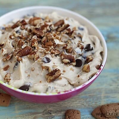 Chocolate chip cookie dough dip in a bowl.