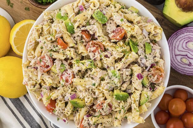 cold pasta salad with tuna in glass bowl
