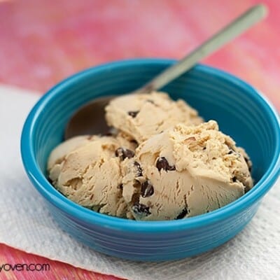 A bowl of ice cream with chocolate chip cookie dough