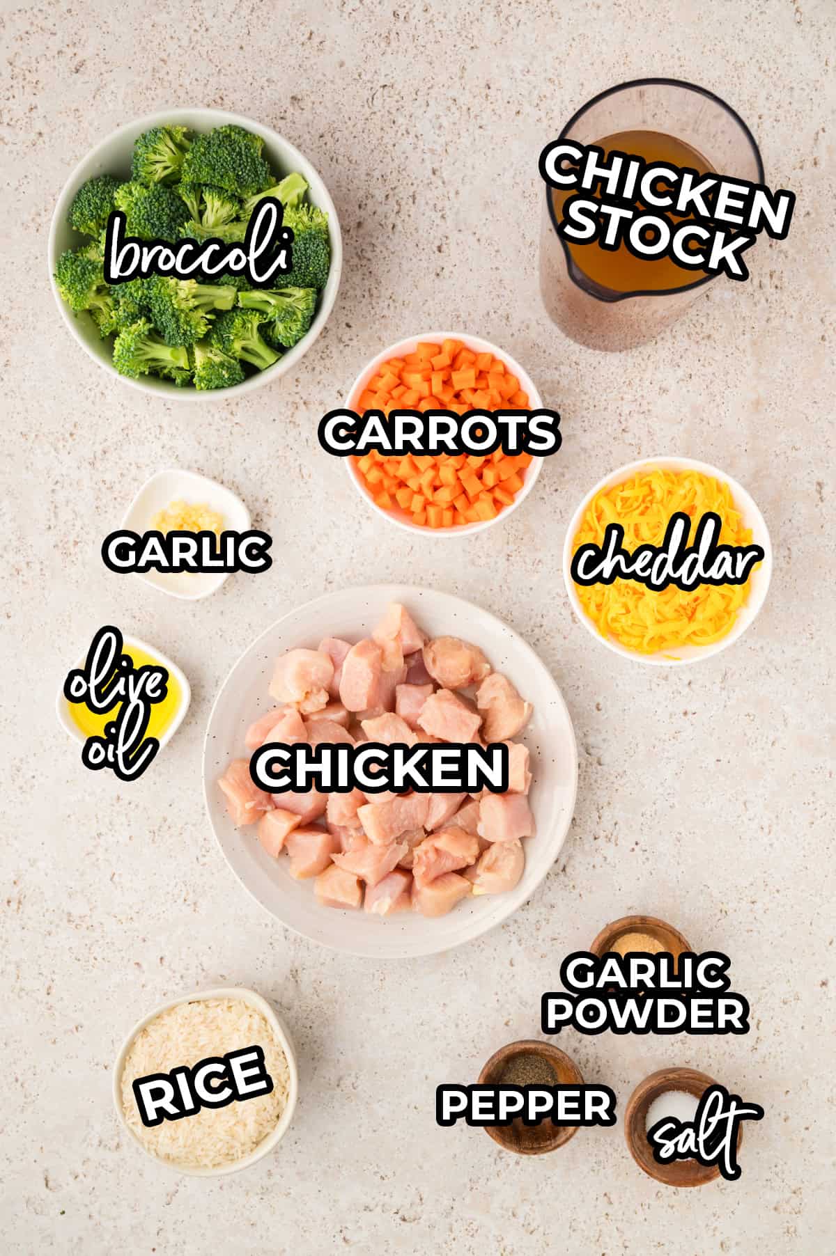 Ingredients for cheesy chicken and rice with broccoli recipe.