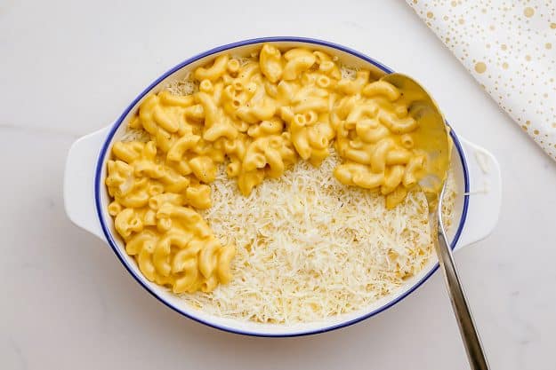 macaroni and cheese layered in baking dish.